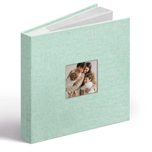 Image of Vienrose Linen Photo Album 6x4 with Cover Window, 48 Pockets Acid-Free Pages Picture with Memo Areas, Memory Book Gift for Wedding, Family, Baby, Anniversary (Green)
