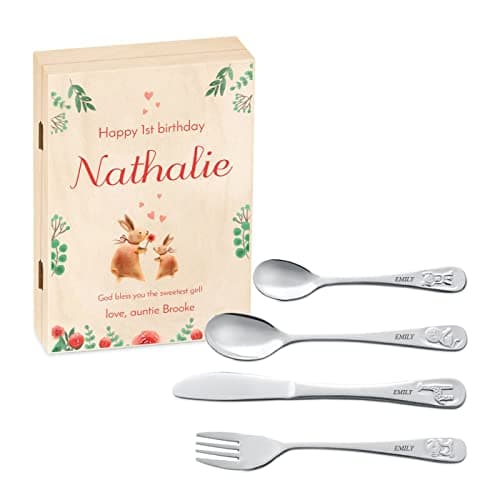 Image of Maverton Kids Silverware in a Wooden Box – Personalised Animals Cutlery Set – Stainless Steel Engraved Utensil Set – for Girls - Christmas Gifts - Bunnies