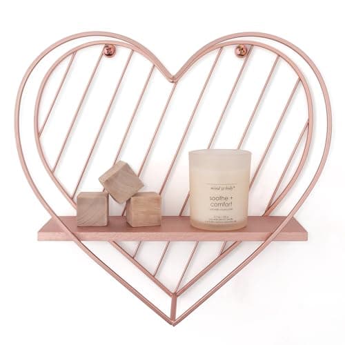 Image of SUMGAR Heart Floating Shelves for Wall with Solid Pine Wood and Metal Wire, Wooden Wall Shelf, Small Wall Mounted Shelf, Shelves for Bathroom, Bedroom, Living Room, Kids' Room and More, Rose Gold