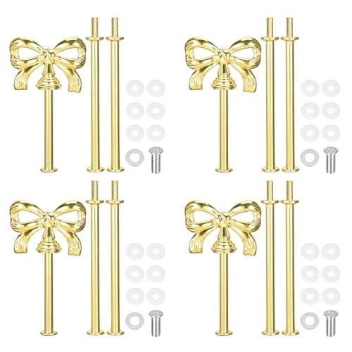 Image of sourcing map 4 Set 3-Tier Cupcake Stand Hardware Handles, Zinc alloy Cake Plate Stand Handle Fittings with Screws for DIY Making Fruit Plate Cake Stand, Bow-Knot Gold