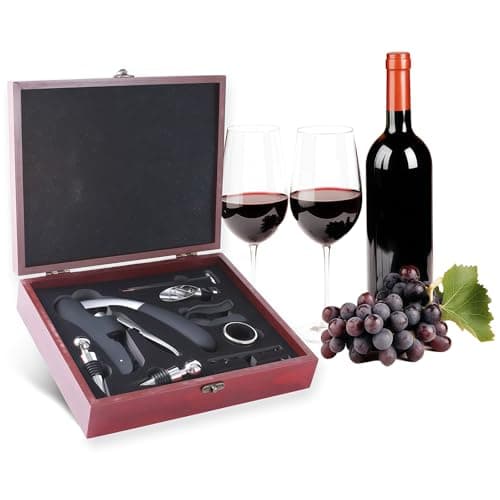 Image of Corkscrew Wine Opener Set, Stainless Steel Wine Opener Accessory Set Including 1 Foil Cutter, 1 Pourer, 1 Vacuum Wine Stopper, 1 Corkscrew, 1 Thermometer, 1 Drip Rings, 2 Spare Spirals