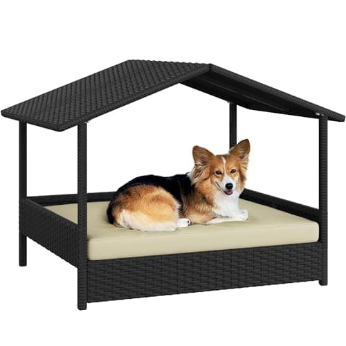 Image of Yaheetech Wicker Dog Bed with Canopy, Raised Rattan Dog House Indoor Outdoor with Removable Cushion for Small and Medium Dogs, Pet Shelter for Living Room, Yard, Garden, Pool