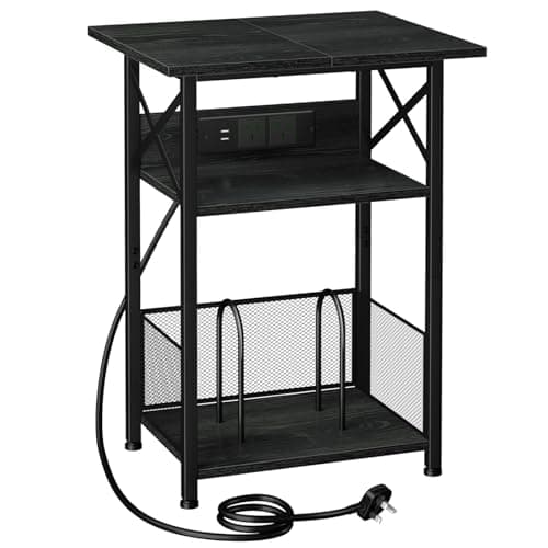 Image of AMHANCIBLE Record Player Stand with Charging Station, 3-Tier Bedside Table with Extra-Large Desktop and Storage Cabinet, Vinyl Record Stand Hold Up to 100 Albums for Living Room, Black HETCD012BK-1