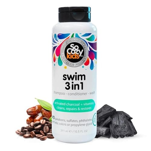 Image of SoCozy Swim 3 in 1 Shampoo + Conditioner + Body Wash - Activated Charcoal Cleanses & Repairs Hair Damaged by Pool Chemicals, Saltwater, the Sun - Loco Lime Scent, 10.5 Fluid oz