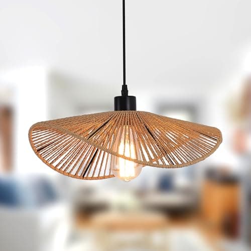Image of JIINOO Rattan Pendant Light Fixture, Modern Hanging Light Bamboo Handwoven Hanging Lamp for Farmhouse Bedroom Living Room Dining Room, 1 Light, 41cm