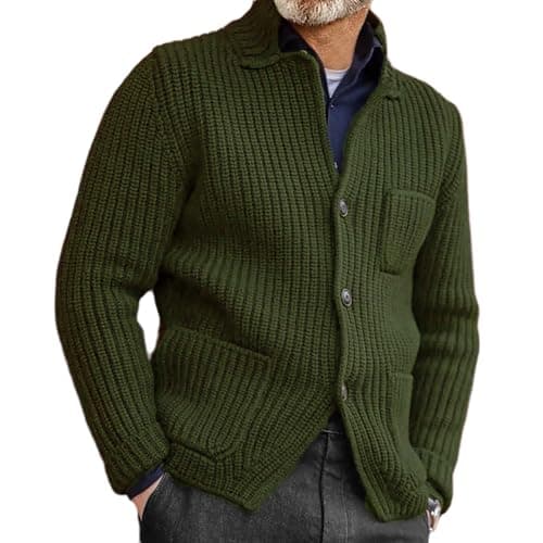 Image of Men's Black Chunky Knit Cardigan with Button Closure, Multiple Pockets & Shawl Collar, Warm Textured Sweater for Autumn/Winter Knitted Sweater Top Coat Cardigan Jacket (Green, M)