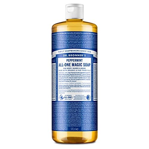 Image of Dr Bronner's 18-in-1 Peppermint Pure-Castile Liquid Soap, Made with Organic Oils, Used for Face, Body, Hair, Laundry, Pets and Dishes, Certified Fair Trade & Vegan Friendly, 946ml Recycled Bottle