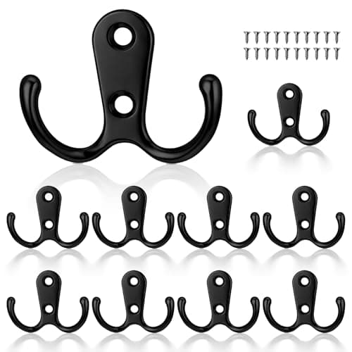 Image of Cobee 10 Pcs Double Prong Robe Hooks, Dual Coat Hooks Cloth Hanger Metal Wall Mounted Door Hook Utility Hook for Bathroom Bedroom Kitchen Hanging Clothes Coat Bag Towel Key(Black)