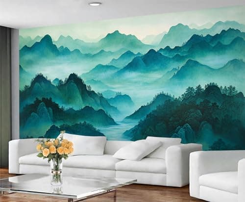 Image of GIVLWF Landscape Wallpaper, Turquoise Mountain Bedroom Wallpaper, Aesthetic Mountain Wall Paper for Living Room, Not Self Adhesive Retro Wall Mural, Natural Scenery Large Mural & Room Decor