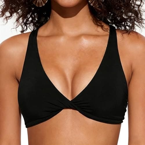 Image of ADUDVLO Triangle Bikini Top – Black Bikini Tops for Women, Twist Front Padded Push Up V Neck Swim Top with Criss Cross Back (UK, Alpha, L, Regular, Regular)