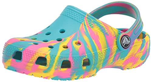 Image of Crocs Kids' Classic Marbled Tie Dye Clog | Slip On Shoes for Boys and Girls, Digital Aqua/Multi, 9 US Unisex Toddler