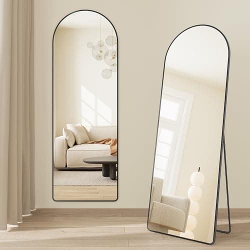 Image of SONGMICS Full Length Mirror, Arched Full Body Floor Mirror with Stand, Aluminium Alloy Frame, Tempered Glass, for Bedroom, Living Room, Cloakroom, Rounded Corner, 160 x 50 cm, Matte Black LFM051BD01