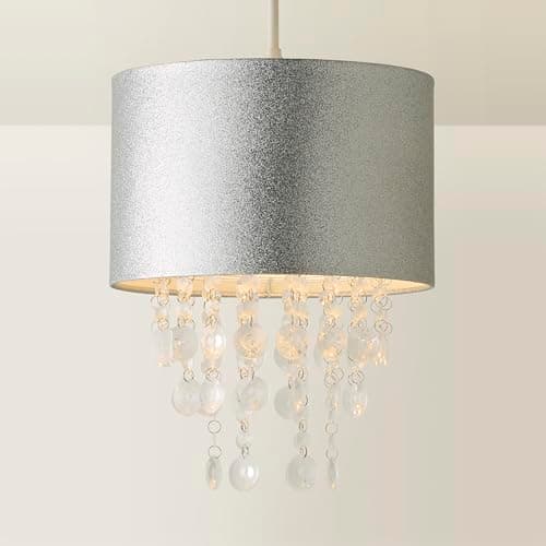 Image of Modern Silver Glitter Cylinder Ceiling Pendant Light Shade with Clear Acrylic Jewel Droplets