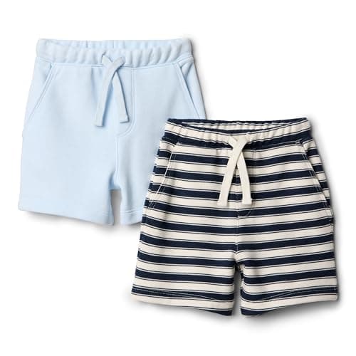 Image of Amazon Essentials x Sofia Grainge Baby Boys' Pull-On Knit French Terry Shorts, Pack of 2, Light Blue/Stripes, 12 Months