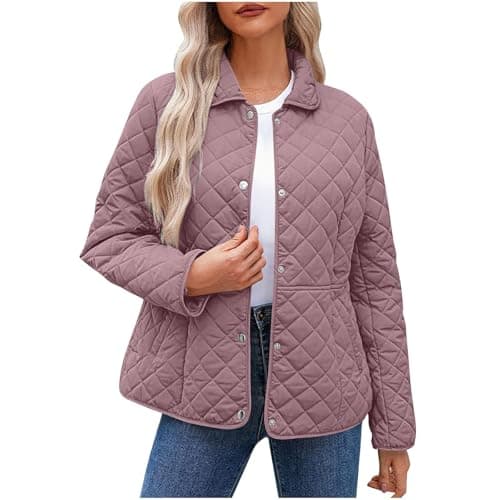 Image of Keepink Coats for Women UK Winter Quilted Jackets Long Sleeve Button Down Diamond Puffer Jacket Solid Casual Bomber Outerwear Lightweight Warm Coat with Pockets Relaxed Fit Trendy Down Coats