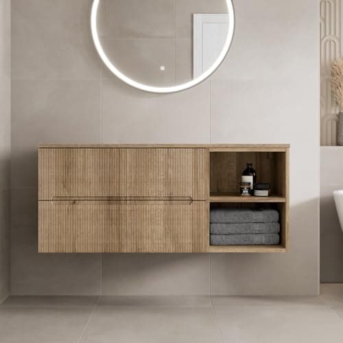 Image of Vitusso® 1200mm Bathroom Vanity Unit Countertop Wall Hung Drawer Unit With Shelves Storage Furniture Oak Wood, No Basin RH Shelves