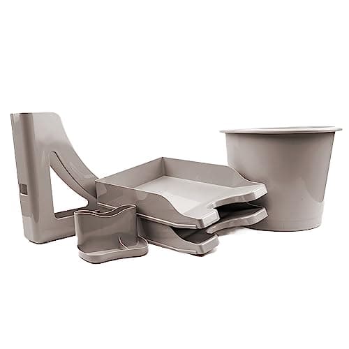 Image of Deflecto Desktop Starter Kit - Desk Organiser - Desk Accessories - Home Office Accessories Desk Tidy Organiser Set - Pen Holder for Desk - Magazine Holder - Desk Organiser Tray (Warm Grey)