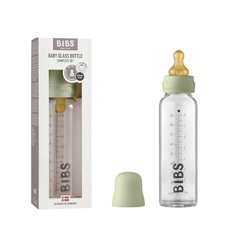 Image of BIBS Baby Glass Bottle. Anti-Colic. Round Natural Rubber Latex Teat. Supports Natural Breastfeeding, Complete Set - 225 ml, Sage