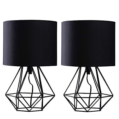 Image of MiniSun | Modern Black Metal Basket Table Lamps with Black Fabric Shades | Table Lamps, Home Décor & Improvement Essential | Set of 2 | Includes 4W Bulbs [3000K Warm White]