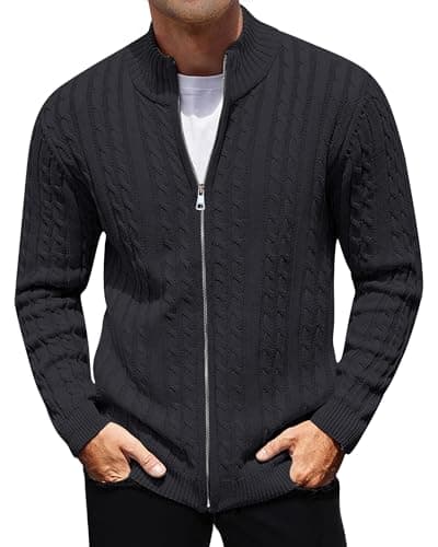 Image of AIYINO Mens Cardigan Ribbed Knit Sweater Full Zip Stand up Collar Jumpers for Men Long Sleeve Thick Pullover L Dark Gray