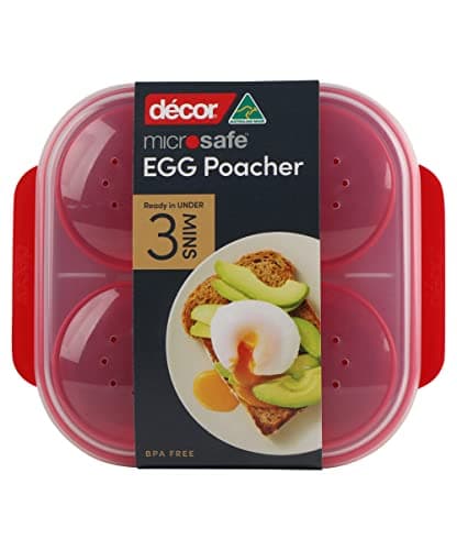 Image of Décor Microsafe Microwave Steam Egg Poacher. Cooks 1-4 Eggs at Once in Under 3 Minutes. BPA Free and Fully Dishwasher and Freezer Safe. with Safety Hold Handles and steam Release Vents. Red.