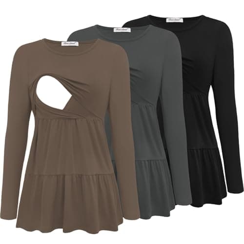 Image of Bearsland Women’s Nursing Top 3pack Long Sleeve Scoop Neck Breastfeeding Shirts Nursing Shirt, Black & Iron Gray & Tea Brown, M