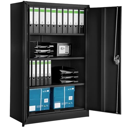 Image of tectake® Metal Storage Unit, lockable with 3 adjustable Shelves and 2 Doors, Lockable Filing Cabinet for Home Office Storage, Garage Storage Cabinet, and Kitchen 140x90x40 cm - black