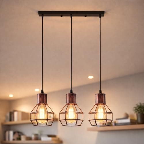 Image of LEDSone Industrial 3 Light Pendant Ceiling Light, Adjustable Hanging Cables (Max 95cm), Rustic Red Metal Cage Nest Design, E27 Bulb Required, Modern Lighting for Kitchen Island, Dining Room, Bar