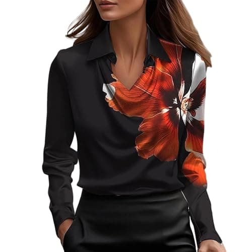 Image of Satin Blouses for Women Dressy Cowl Neck Collared Long Sleeve Tops Vintage Floral Print Shirt(Red, XL)