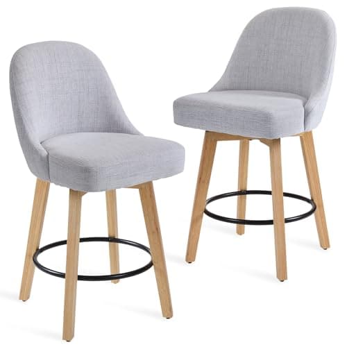 Image of Warmiehomy Grey Bar Stools Set of 2, Modern Linen Fabric Upholstered Barstools, 65cm Seat Height Swivel Kitchen Stools with Backs and Wooden Legs for Kitchen Counter, Home Bar, Pub (Grey, 2pcs)