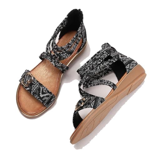 Image of Galindopia Flat Thongs Sandals Rhinestone Beaded Bohemia Beach Shoes For Women Elastic Ankle Strap Comfortable Cushion Padded Flip Flops Black Size 37