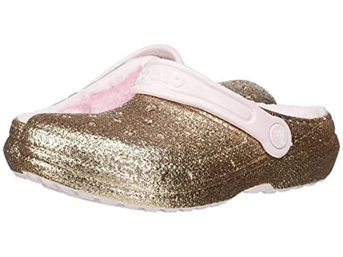 Image of Crocs Kid's Classic Lined Glitter Clog, Gold/Barely Pink, 4 Big Kid