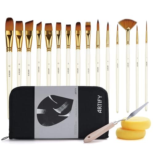 Image of Artify 15-piece Acrylic Paint Brush Set with Stand Carrying Case, Palette tool, and 2 Sponges, Professional Artist Paint Brushes for Acrylic Oil, Watercolor, Face Painting, Ideal Art Supplies Gifts