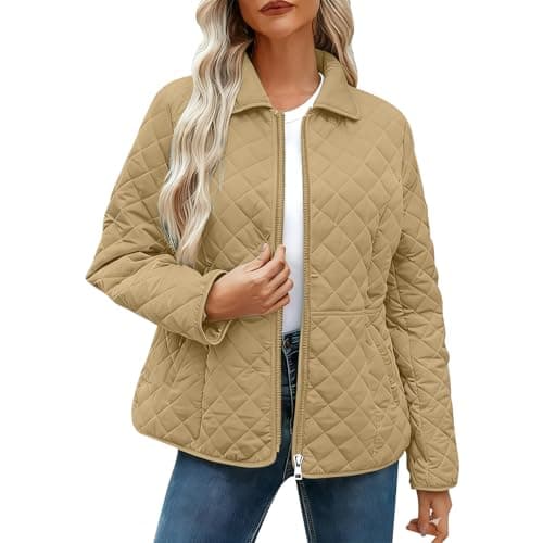 Image of Yolimok Womens Quilted Jacket Quilted Puffer Jacket Ladies Lightweight Padded Puffer Coats Lapel Collar Long Sleeve Zip up Jackets Solid Outerwearw Inter Fall Outfits Plus Size Thermal Clothing
