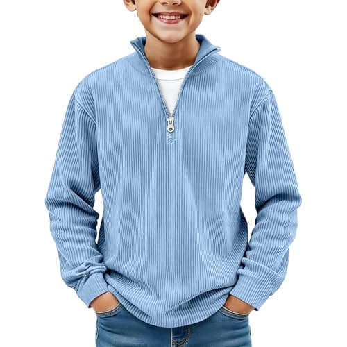 Image of Boys' Long-Sleeve Quarter-Zip Pullover Corduroy Sweatshirt 14 Years, Kids Teens Loose Fit Ribbed Jumpers Half Zip Casual Hoodless Stand Collar Tops Spring Knit Sweater Light Blue