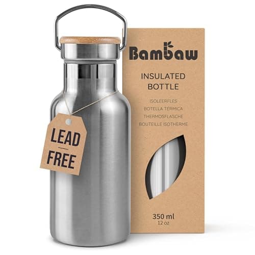 Image of Bambaw Insulated Water Bottle Stainless Steel 350 ml, Wide Mouth for Easy Cleaning, 350ml Insulated Water Bottle Metal, Reusable, Lightweight & Rust-Resistant, Great for Travel (Natural Steel)
