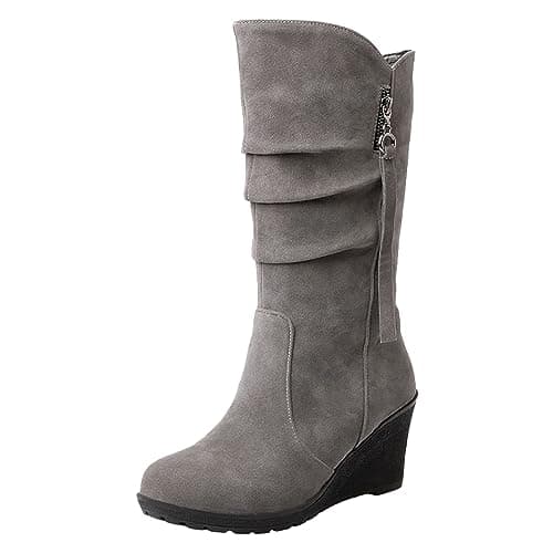 Image of rismart Women Slouch Boots Mid Calf Wedge Heel Thin Fur Lined Suede Leather Winter Shoes Grey,6