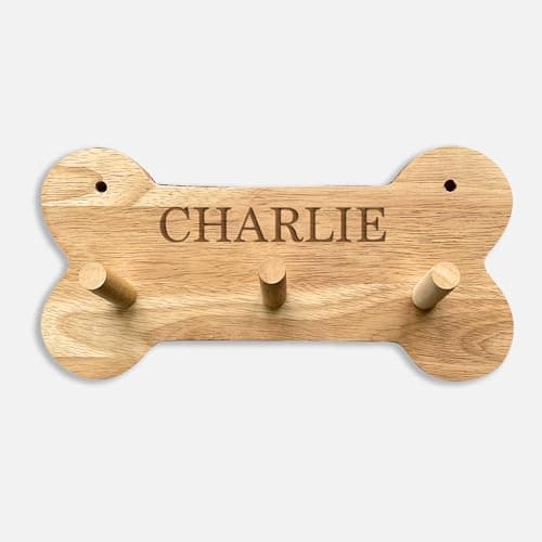 Image of eBuyGB Personalised Dog Lead Holder with 3 Hooks, Custom Wooden Dog Leash Hanger, Bone Shaped Pet Lead Rack, Engraved Dog Name Hook, Gift for Dog Lovers & Owners
