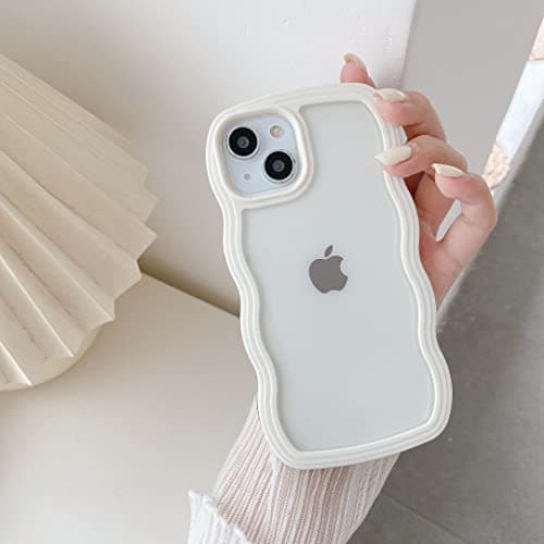 Image of QLTYPRI Compatible with iPhone 15 Case, Cute Curly Wave Frame Clear Case for Girls Women, Transparent Soft Silicone TPU Bumper Shockproof Protective Cover for iPhone 15 - White