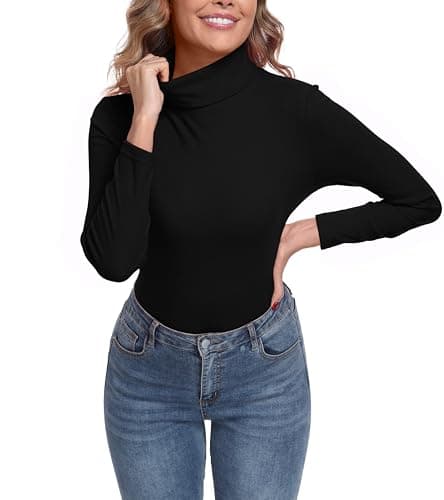 Image of IWOLLENCE Turtleneck Women Thermal Tops Polo Neck Jumpers Long Sleeve Thermal Base Layer Top Ladies Thermal Vests (Black, S)