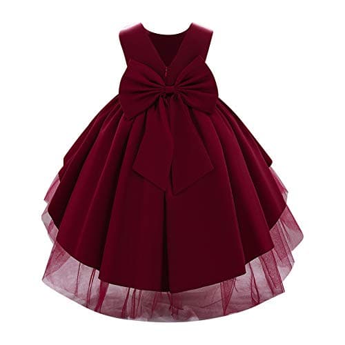 Image of IDOPIP Toddler Baby Girls Princess Dress High-Low Tutu Wedding Bridesmaid Birthday Party Christening Dresses Kids Sleeveless Bowknot Pageant Formal Prom Ball Gown Wine Red 2-3 Years