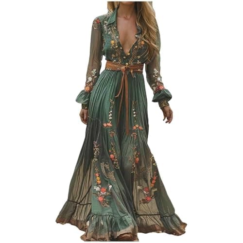 Image of Generisch Dress Party Flowers Long Dress Sexy V-Neck Long Sleeve Autumn Casual Maxi Dress Long Sleeve Dress Women's Winter, Green, M