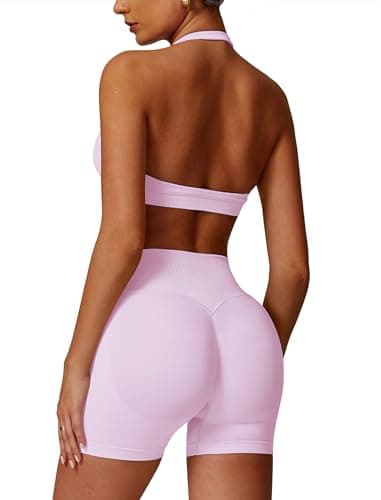 Image of Odizli Gym Sets for Women 2 Piece Ladies Halter Neck High Impact Shock Absorber Sports Bra Top + High Waisted Bike Cycling Shorts Outfit Yoga Workout Fitness Running Exercise Activewear Pink M