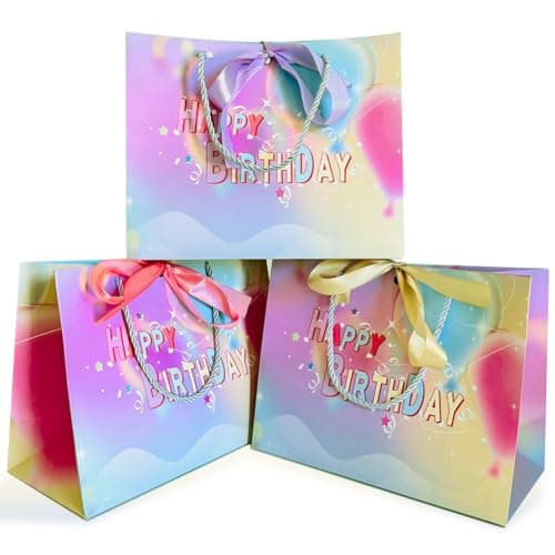 Image of Gift Bag, 3 PCS Medium Gift Bag with Ribbon Happy Birthday Gift Bags for Presents