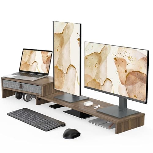 Image of Fenge Monitor Stand Riser with Drawer 2 Shelf with Swivel and Adjustable Wood Computer Monitor Stands for 2 Monitors PC Laptop, Desktop Organizer (Brown)