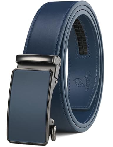 Image of JUKMO Men’s 35mm Leather Ratchet Belt with Original Slide Buckle in Gift Box (Octagon - Blue, M-36 to 42" Waist Adjustable (Length 49"))