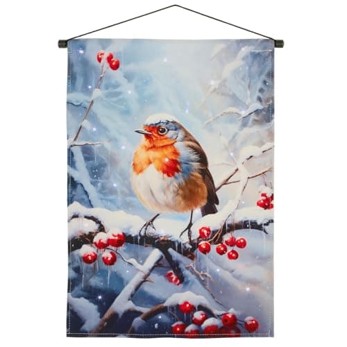 Image of Widdle Gifts Christmas Picture Fibre Optic Lights 60cm x 40cm Fabric Scroll with Hanger (Snowy Robin 9089)