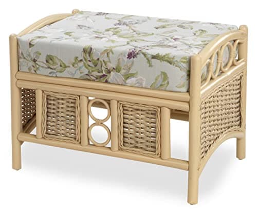 Image of Desser Vale Footstool – Indoor Rattan Footrest in Natural Wash with Floral Lily Fabric - Cane Wicker Indoor Conservatory Furniture – Foot Stool Dimensions: H48cm x W63cm x D46cm