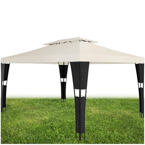 Image of tectake® Garden Gazebo, 4x3m, Polyrattan Look, Water- & UV-Resistant, Double-Roof for Improved Air Circulation, Steel Frame - Ideal Marquee & Party Tent for Outdoor Events, BBQ & Wedding - Black/Cream