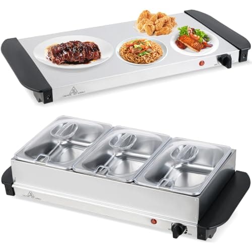 Image of TANGZON 2 in 1 Electric Buffet Server, 3 Tray Hotplate Food Warmer with 3x1.4L Removable Pans, Warming Plate Function & Adjustable Temperature, Chafing Dish Catering Serving Trays for Party Event